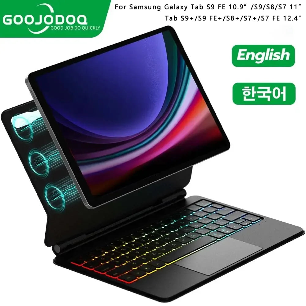A black Magic Keyboard for Samsung Tab S with a trackpad and LED backlighting, displayed in an angled stand position with the keyboard visible and the Samsung Galaxy Tab S device attached to the stand.