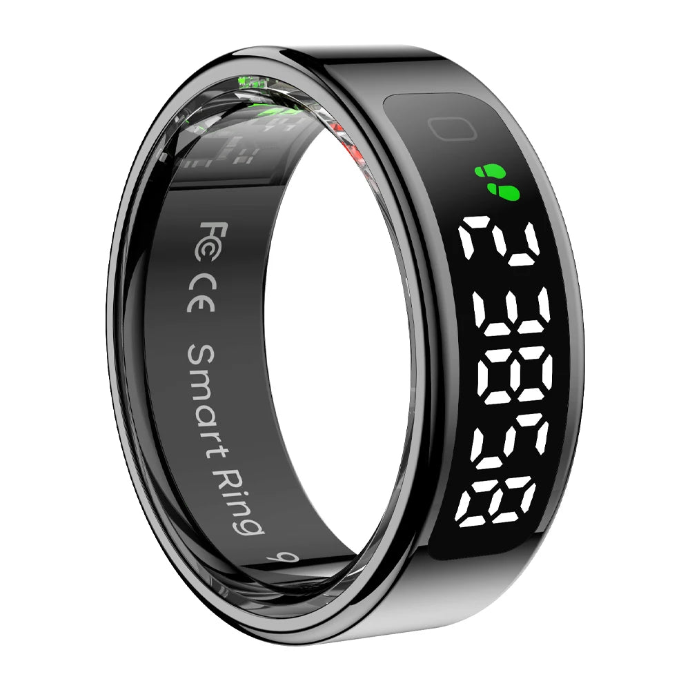 Smart ring with digital display on a white background
