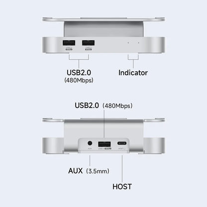 Diagram of a device with USB2.0, indicator, AUX (3.5mm), and HOST ports on a white background.