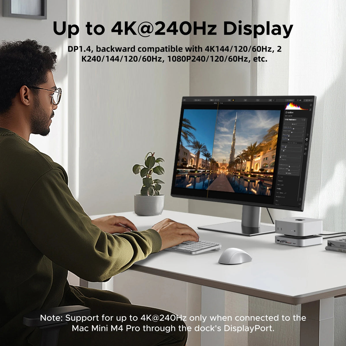 Person using a computer with a 4K display at a desk, text about display specifications.