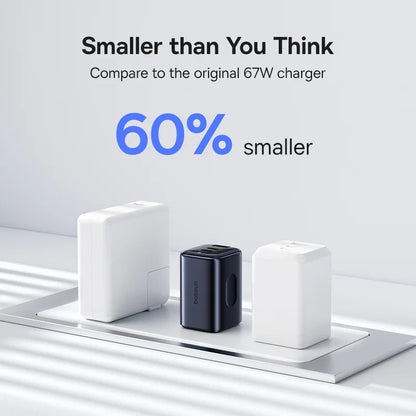 Three power adapters on a white surface with text comparing their size to a 67W charger.