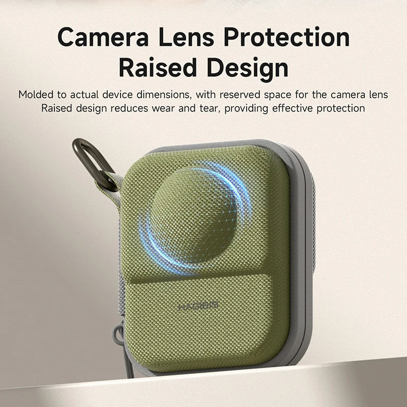 Green camera lens protection case with text about its design and features.