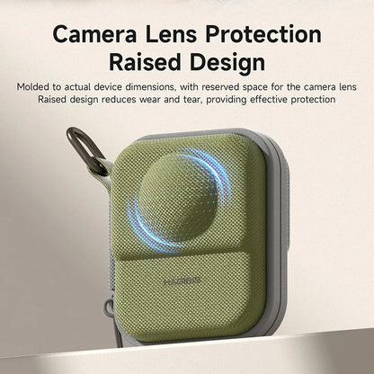 Green camera lens protection case with text about its design and features.