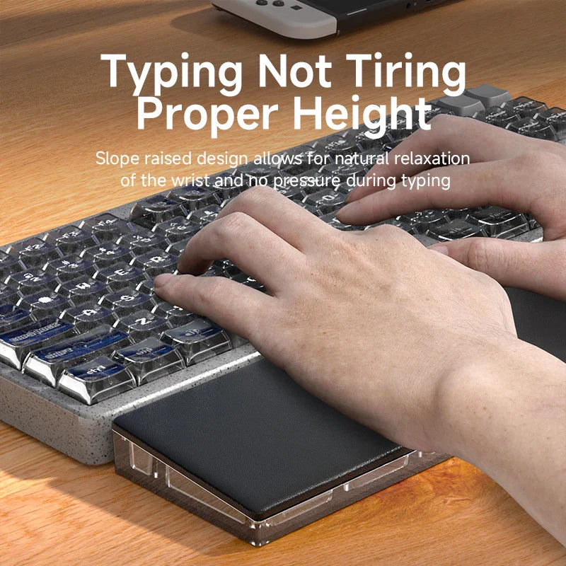 Person typing on a ergonomic keyboard with text highlighting its benefits