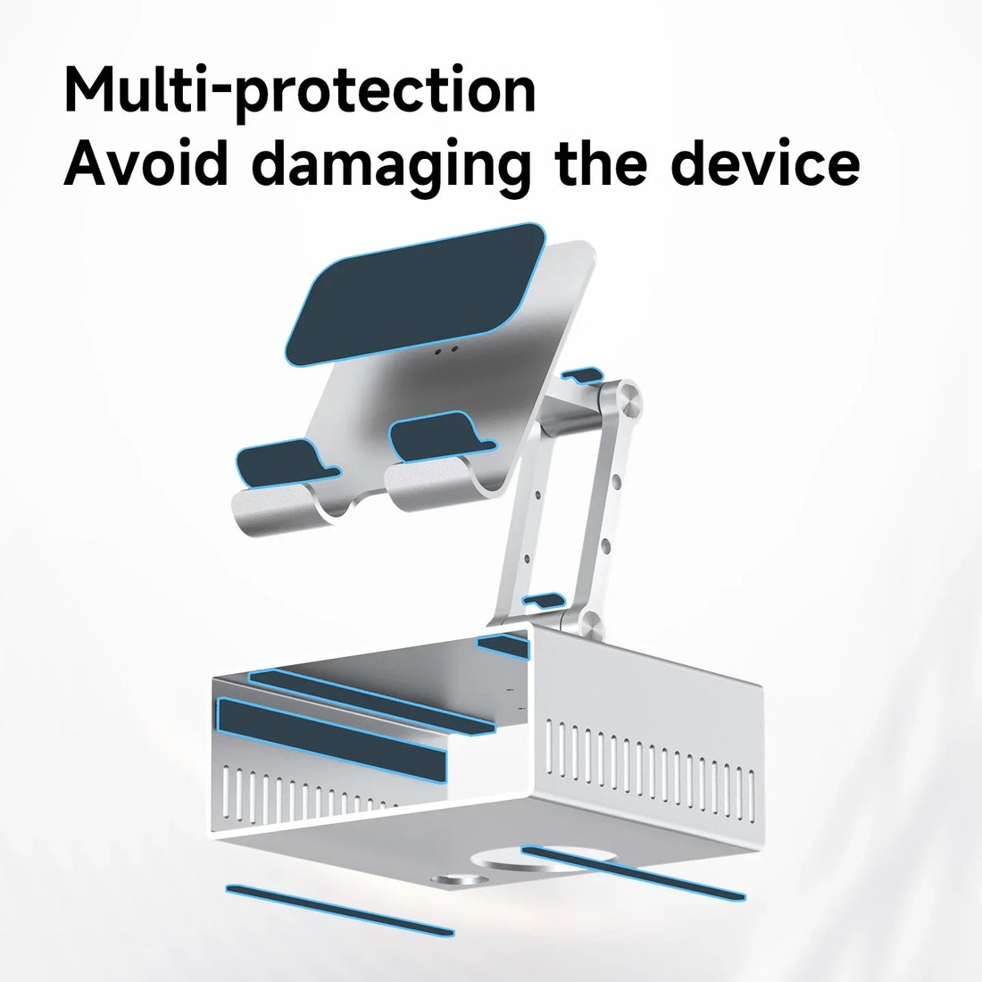 White and blue device stand with text 'Multi-protection Avoid damaging the device' on a white background