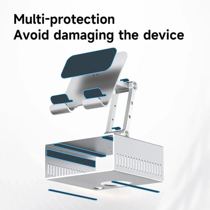 White and blue device stand with text 'Multi-protection Avoid damaging the device' on a white background