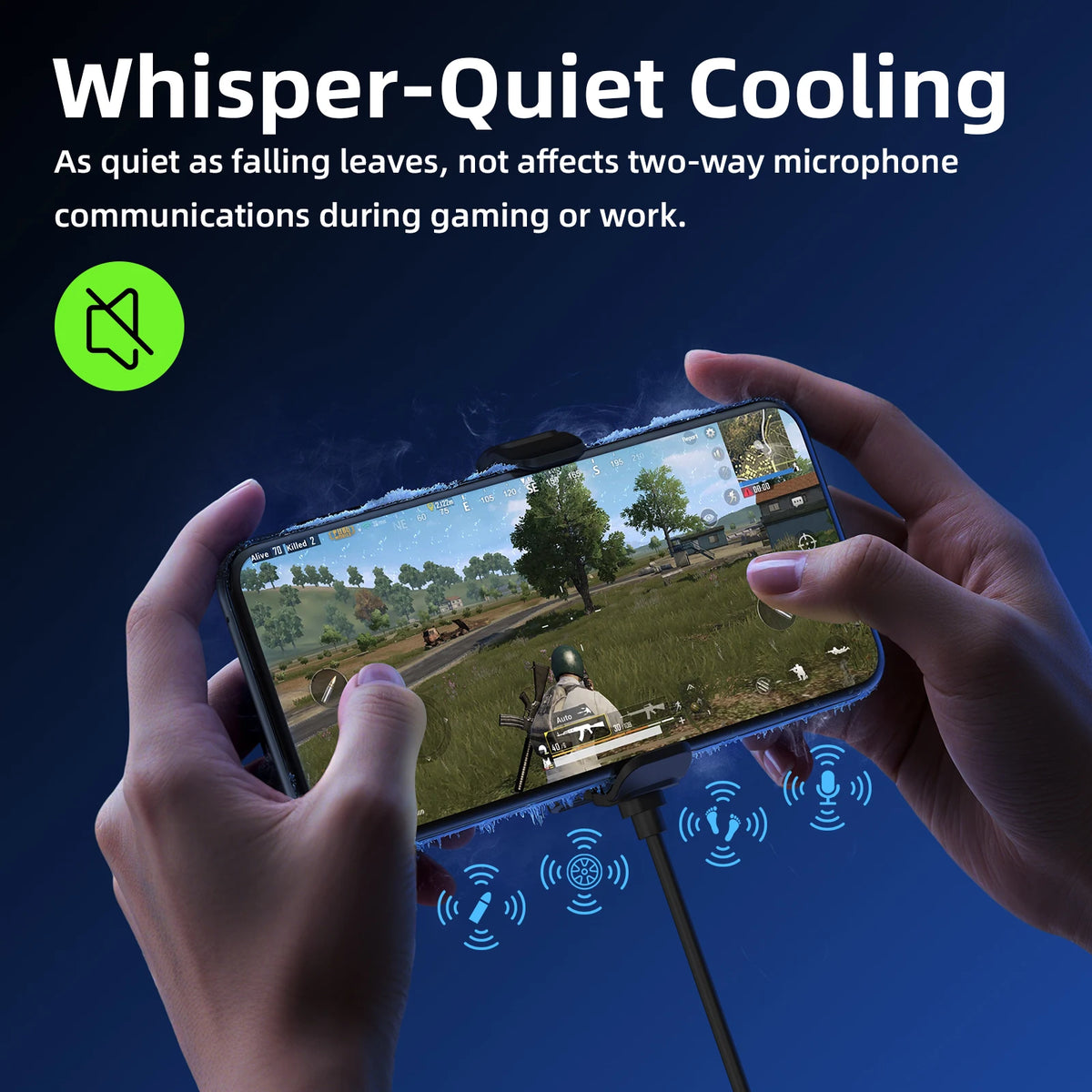 Person holding a smartphone with a game displayed, emphasizing whisper-quiet cooling feature.