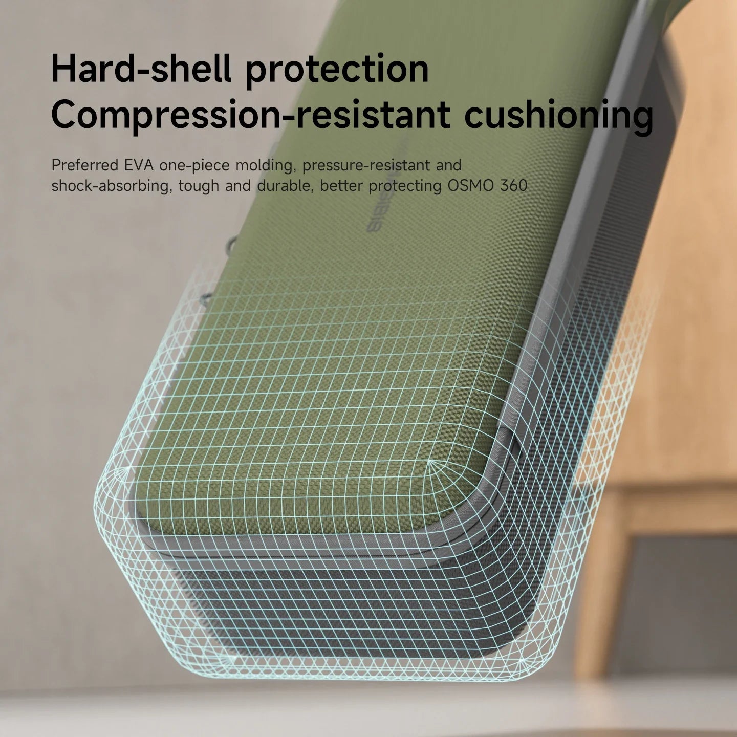 Green cushion with text about hard-shell protection and compression-resistant cushioning on a neutral background.