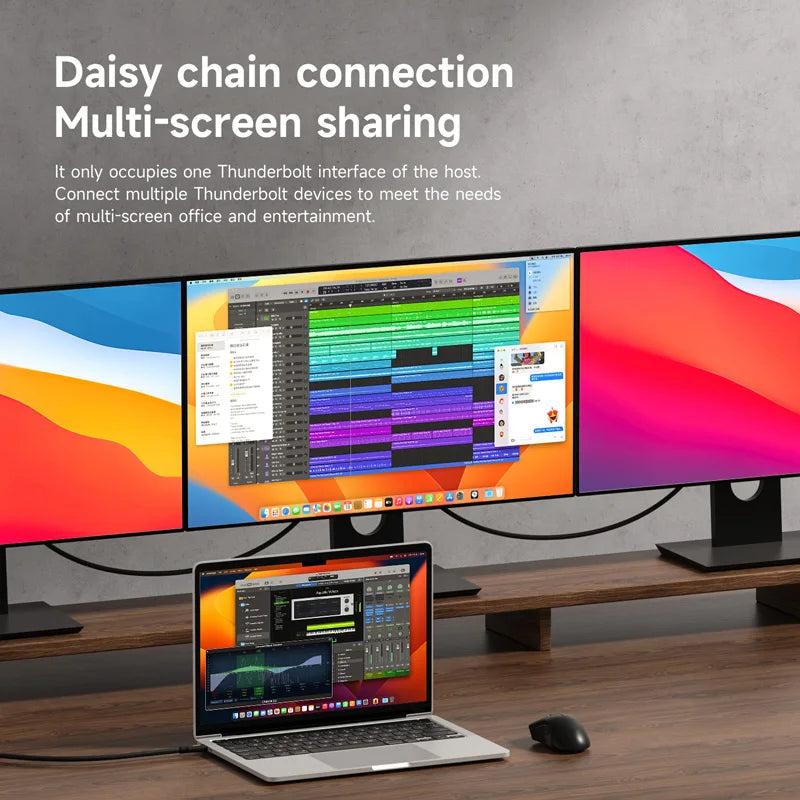 Multiple computer monitors and a laptop on a desk with text about Daisy chain connection and multi-screen sharing.