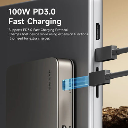 Fast charging cable with 100W PD3.0 technology on a product packaging background.