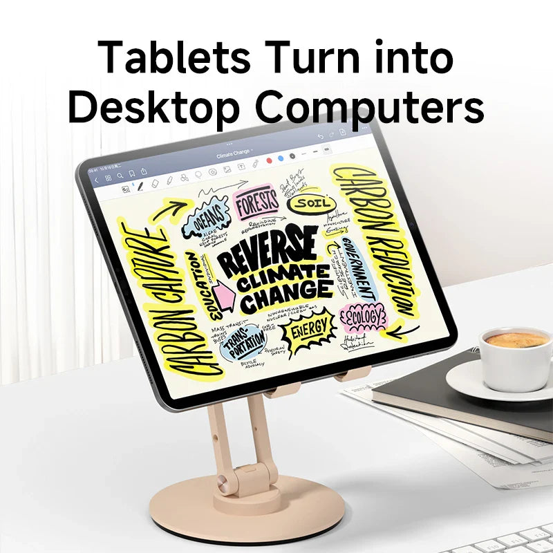 Tablet on a stand with a digital drawing app displaying text and graphics, with a cup of coffee in the background.