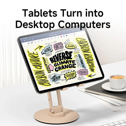 Tablet on a stand with a digital drawing app displaying text and graphics, with a cup of coffee in the background.