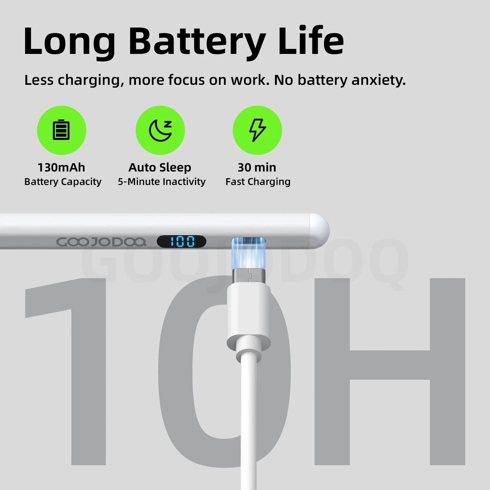 Product with charging cable and battery life features on a gray background