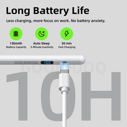 Product with charging cable and battery life features on a gray background