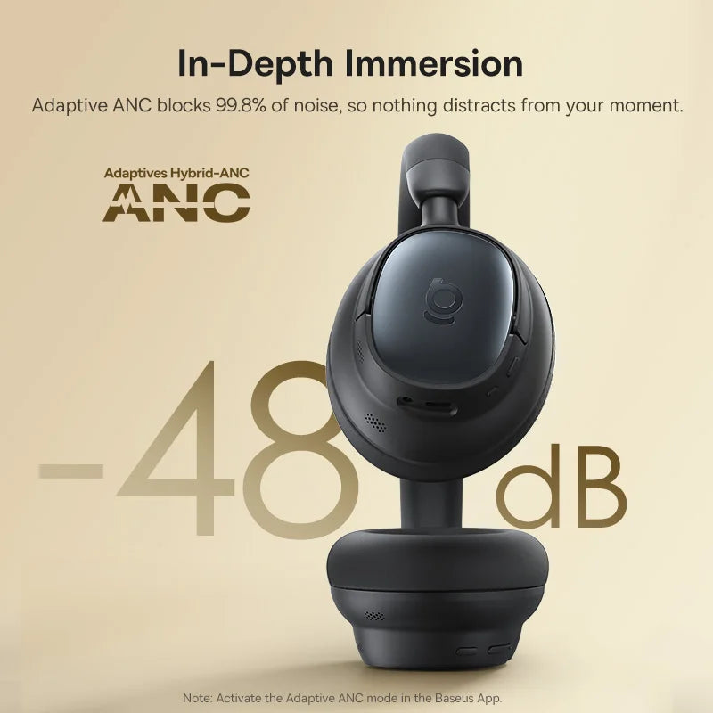 Black wireless earbuds with ANC technology on a beige background