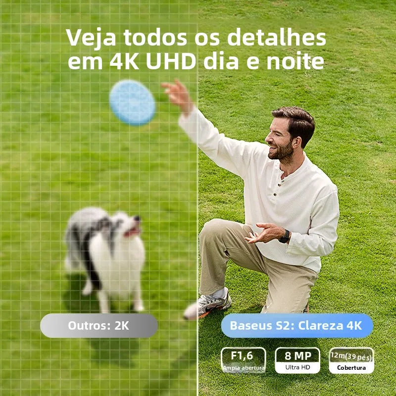 Man playing with a dog on grass, with text about camera specifications.