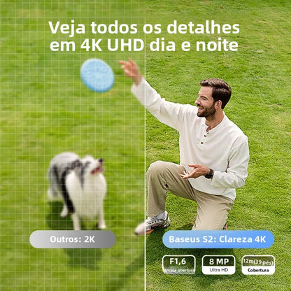 Man playing with a dog on grass, with text about camera specifications.
