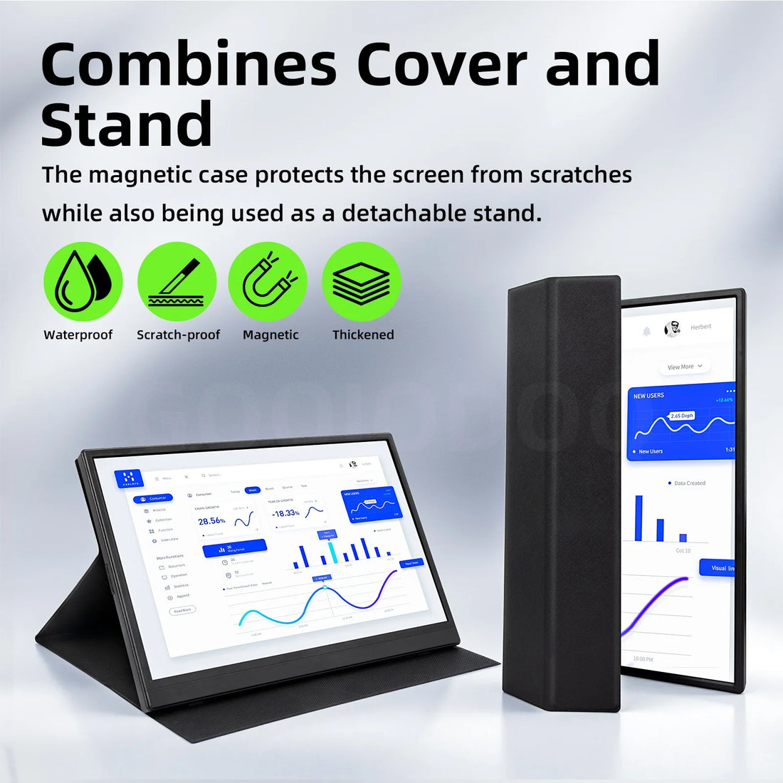 Black magnetic case for a tablet with screen displaying graphs, text, and icons on a white background.