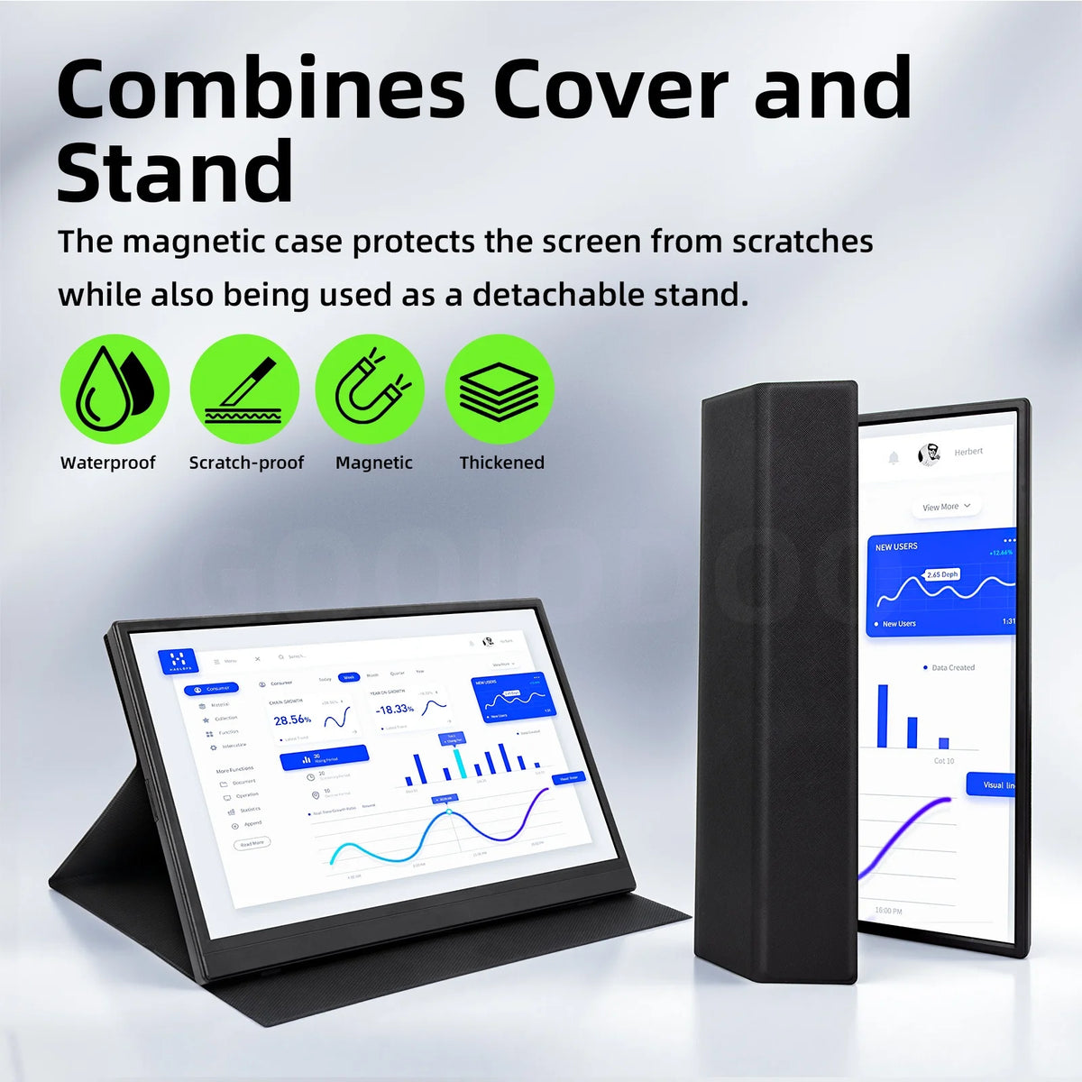 Black magnetic case for a tablet with screen displaying graphs, text, and icons on a white background.