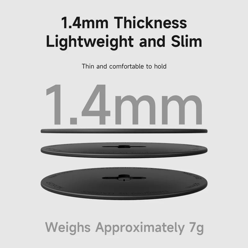 Black circular object with text indicating thickness and weight on a gray background