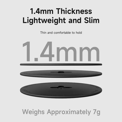 Black circular object with text indicating thickness and weight on a gray background