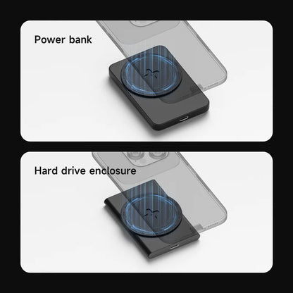 Two views of a power bank and hard drive enclosure with a blue light indicator.