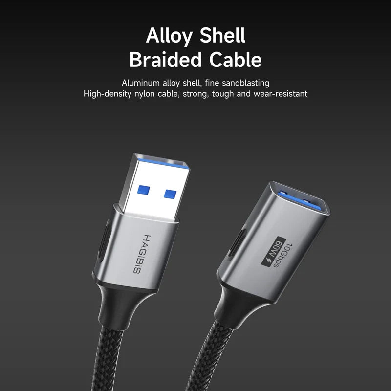 Alloy shell braided cable with USB connectors on a dark background