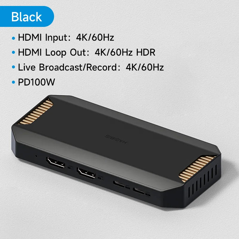 Black electronic device with HDMI ports on a gray background