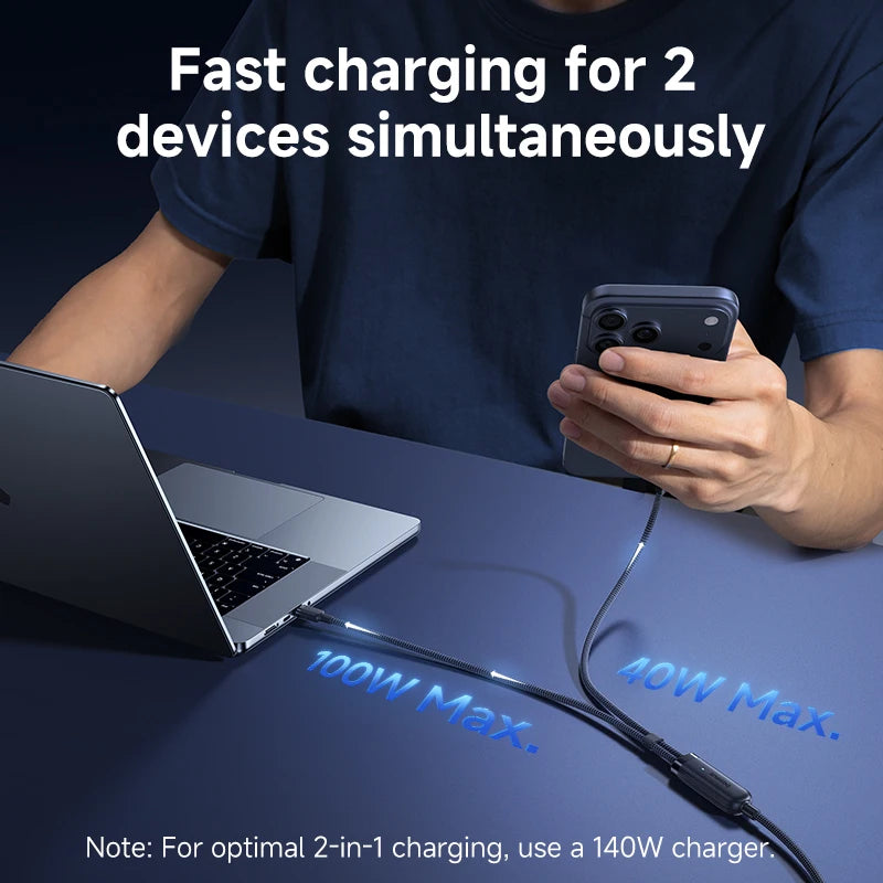Person using a laptop and phone with a charging cable, text indicating fast charging for two devices.