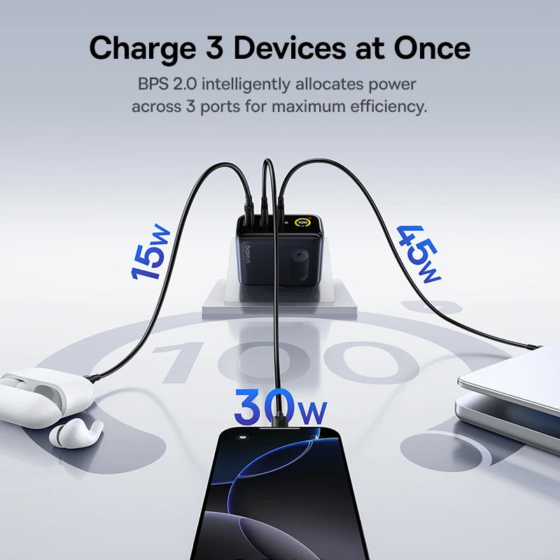 Charger with three devices being charged simultaneously, showing power分配 on a gray background.