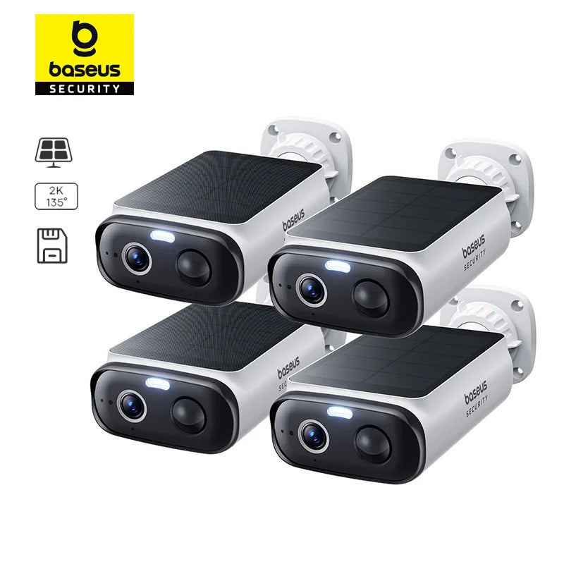 Four Baseus security cameras on a white background with the Baseus logo.