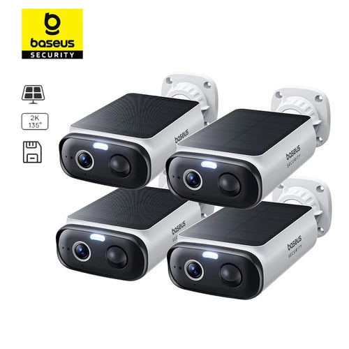Four Baseus security cameras on a white background with the Baseus logo.