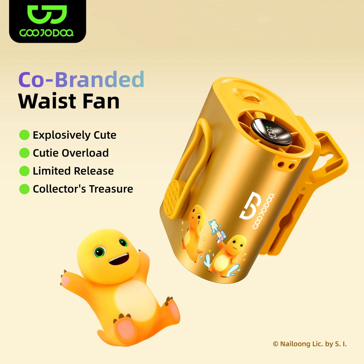 Yellow waist fan with cartoon character on a beige background, featuring the Goojodoog brand.