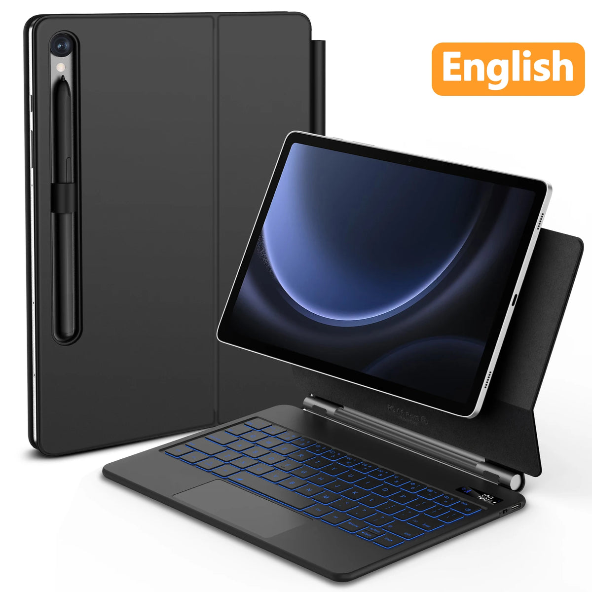 A black Magic Keyboard for Samsung Tab S with a trackpad and LED backlighting, displayed in an angled stand position with the keyboard visible and the Samsung Galaxy Tab S device attached to the stand.
