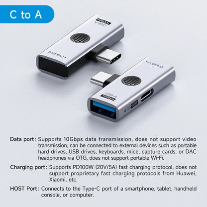 Two USB-C adapters on a light gray background with text describing their features.