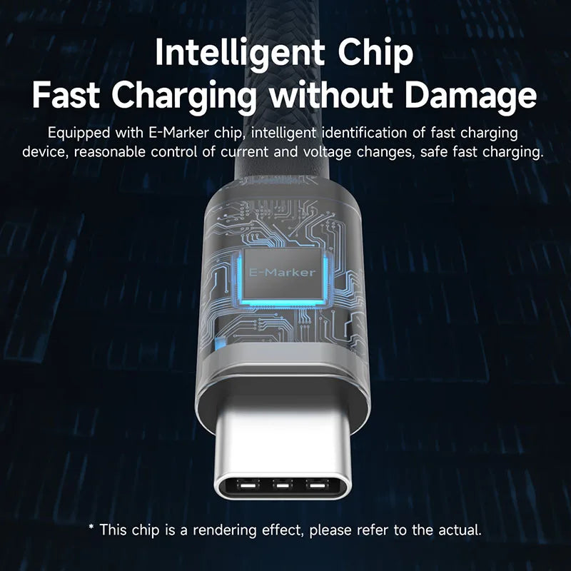 Charging cable with E-Marker chip illustration on a dark background