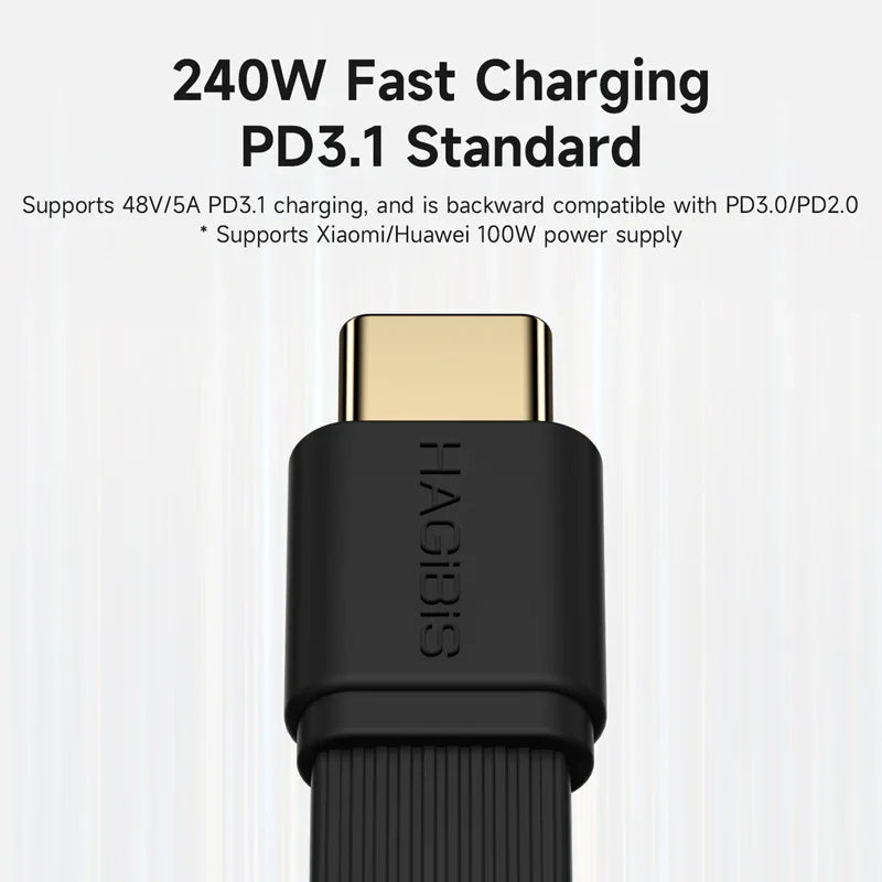 Black charging cable with gold connector on a white background, featuring text about fast charging and compatibility.