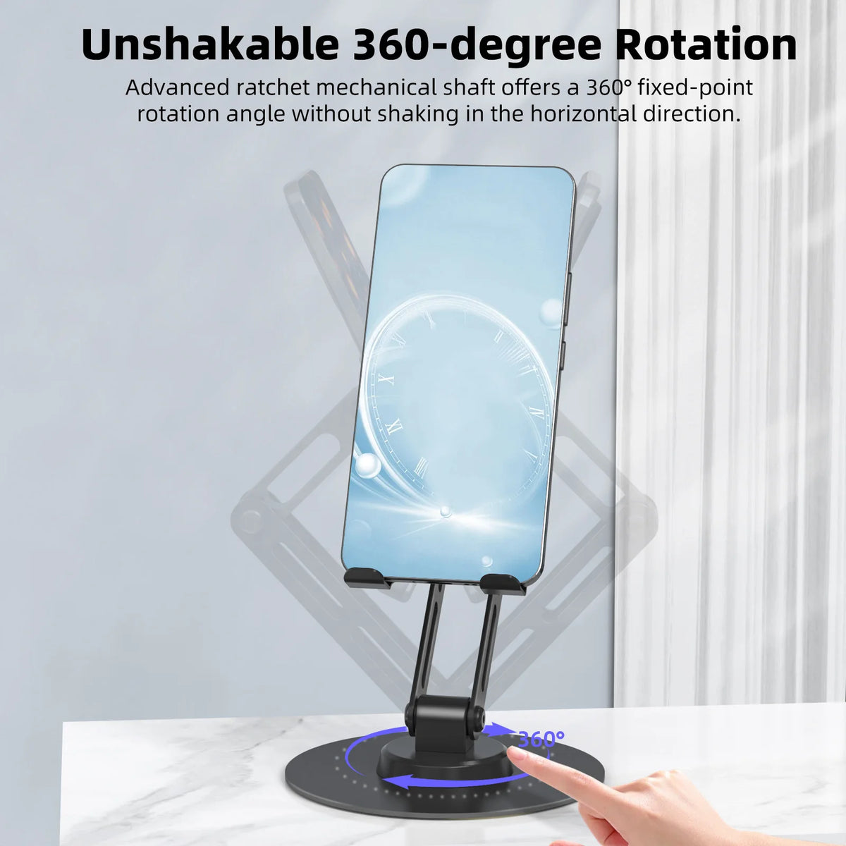 Phone stand with 360-degree rotation feature on a white background