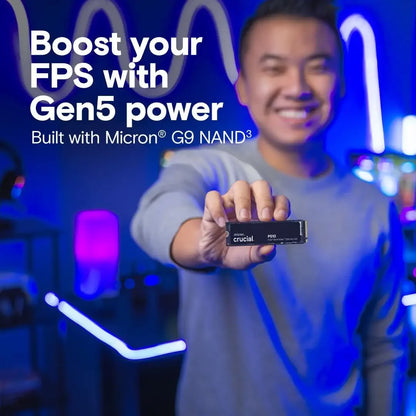 Person holding a Crucial memory stick with text about Gen5 power and Micron G9 NAND3 in a gaming-themed setting.