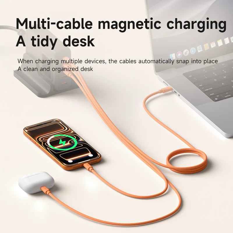 Multi-cable magnetic charging system with smartphone and laptop on a desk.