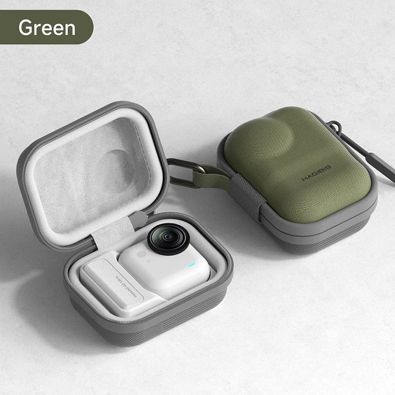 Green camera case with a camera inside on a light gray background