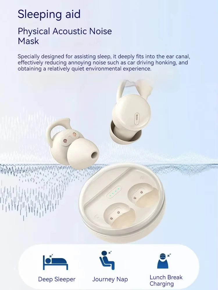 White acoustic noise mask with charging case on a light blue background