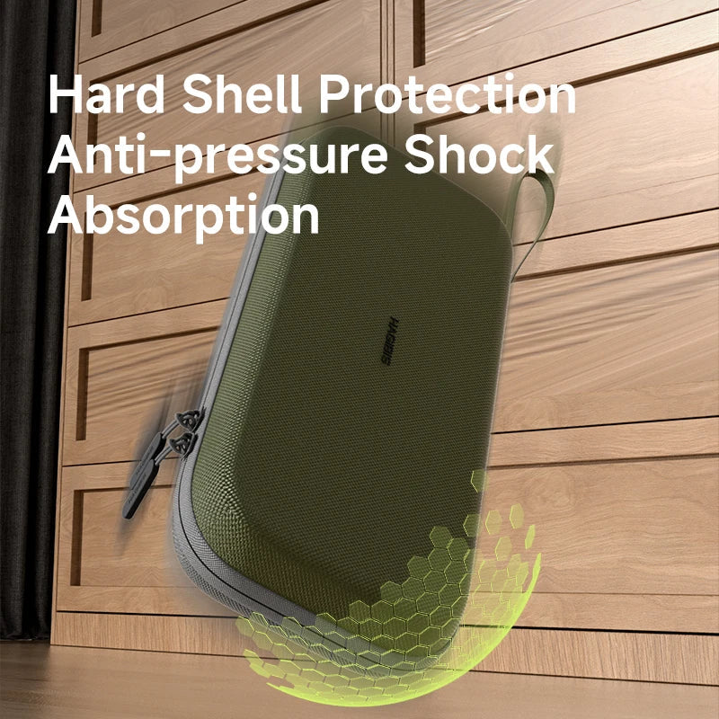 Green hard shell travel case with anti-pressure shock absorption feature on a wooden background