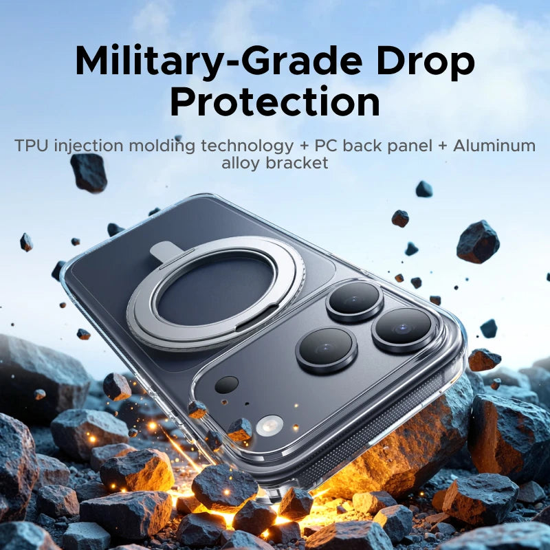 Phone case with military-grade drop protection features on a rocky and fiery background