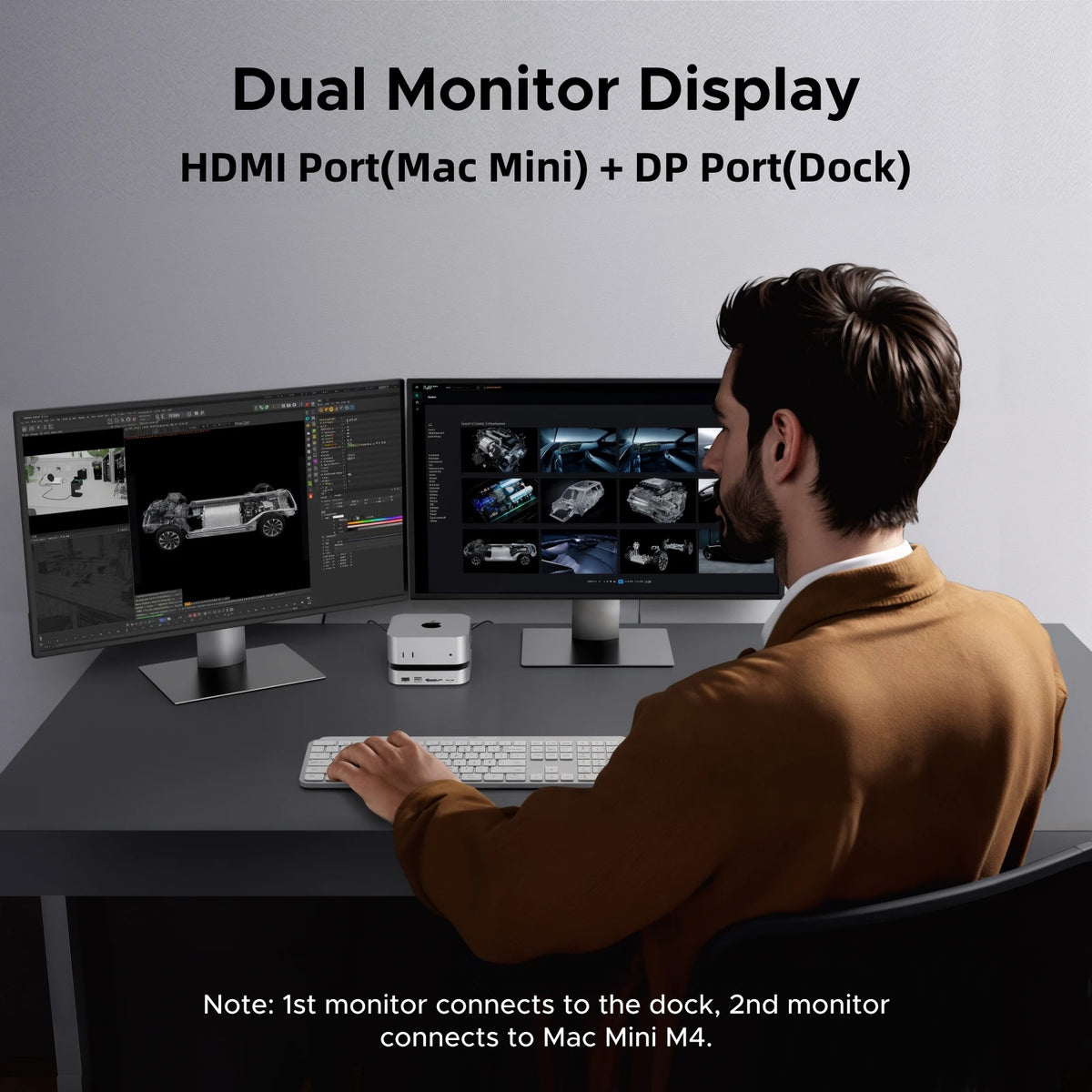 Person using a computer setup with dual monitors, HDMI and DP ports, on a gray background.
