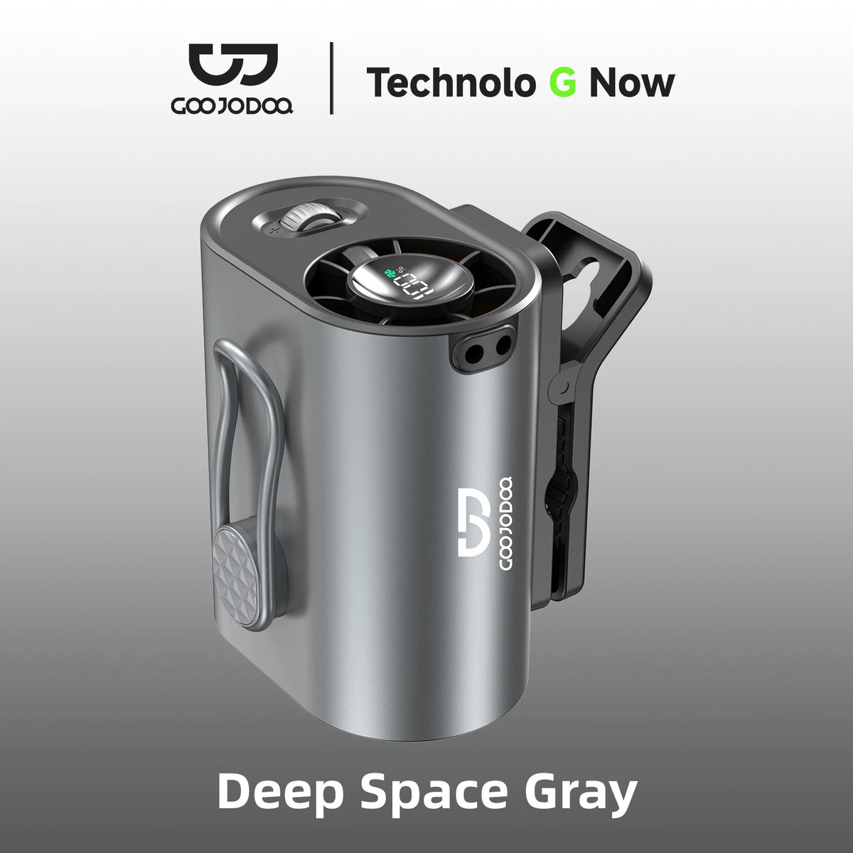 Silver device with 'GOOJODOO' branding on a gray background