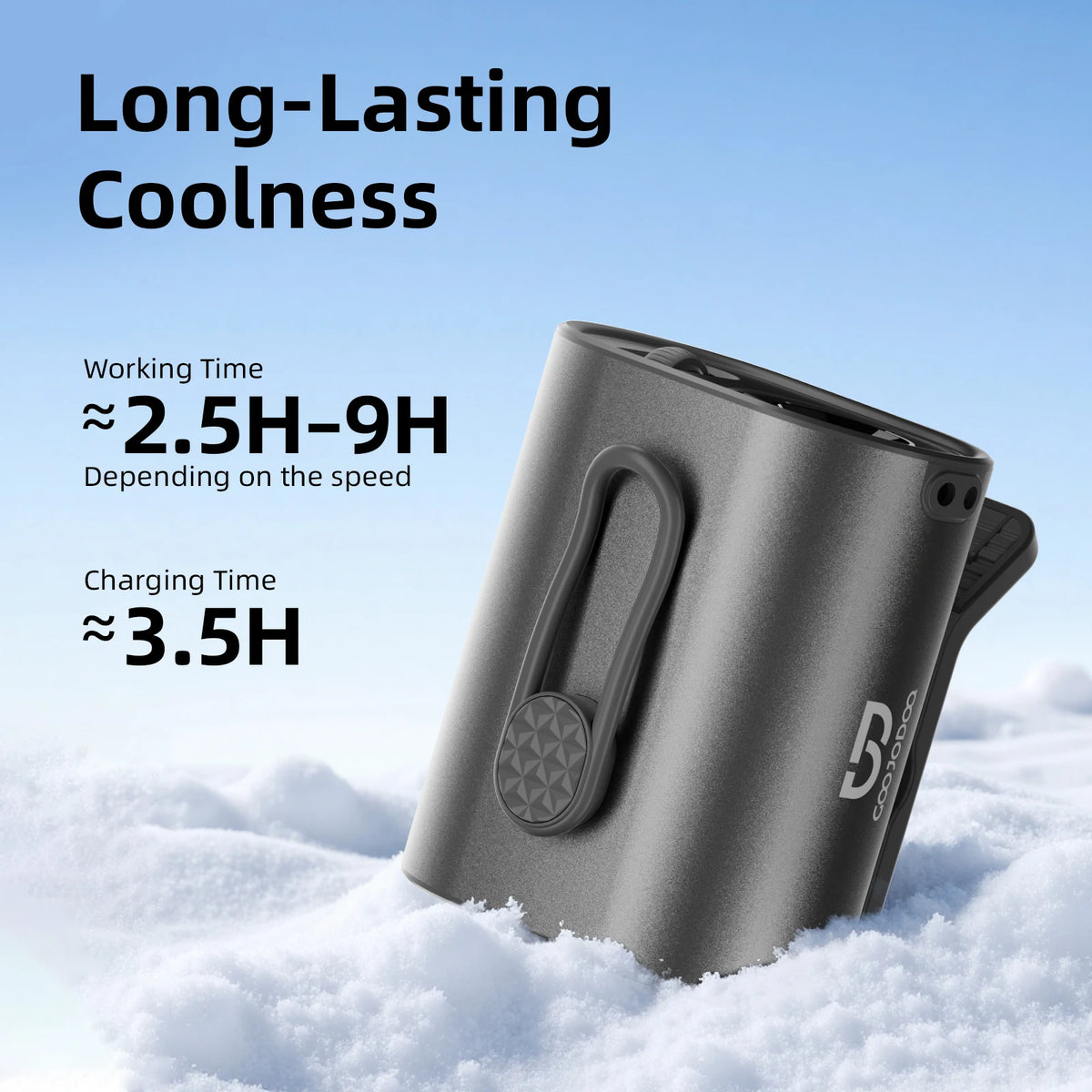Portable device in snow with text on working and charging times