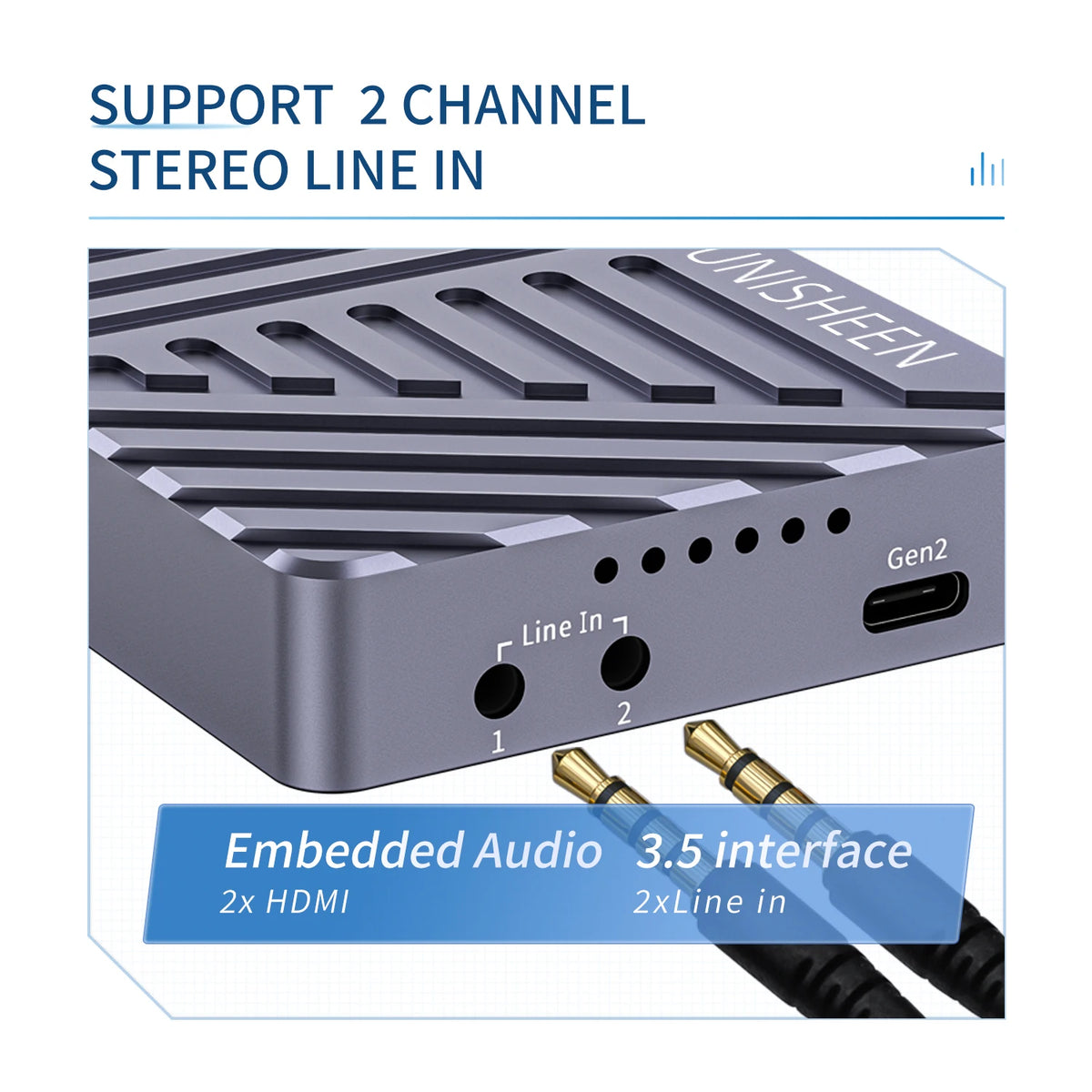 Audio interface device with 'UNISHEEN' branding and specifications on a white background