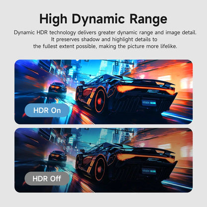 Comparison of High Dynamic Range (HDR) technology on a car in a city street scene.