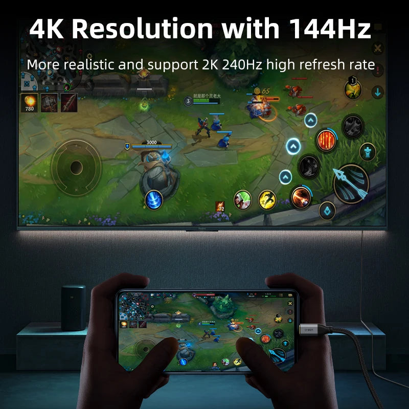 Person playing a game on a smartphone with a TV displaying the same game, emphasizing 4K resolution and 144Hz refresh rate.